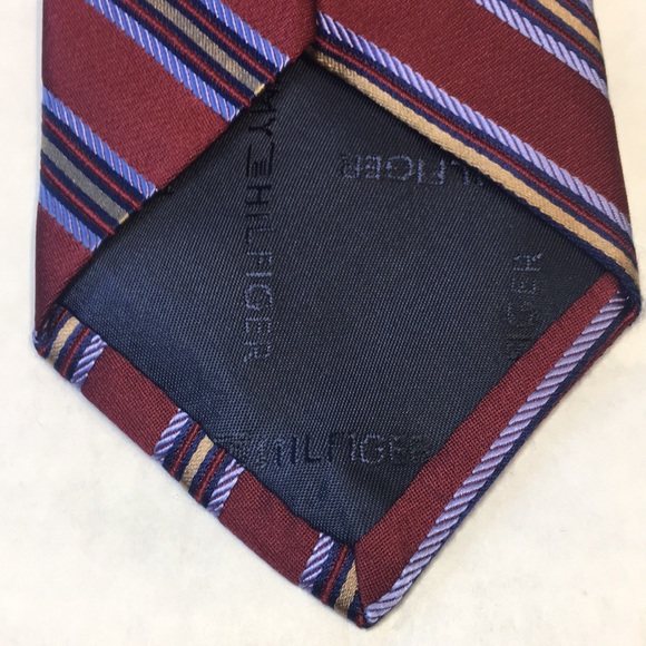 Tommy Hilfiger red with blue and gold diagonal stripes, 100% silk tie. LIKE NEW - Picture 6 of 9